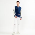 Men's Deep Midnight Navy Blue and Ivory White Striped Collar Varsity Sweatshirt, Mid Blue, small image number null