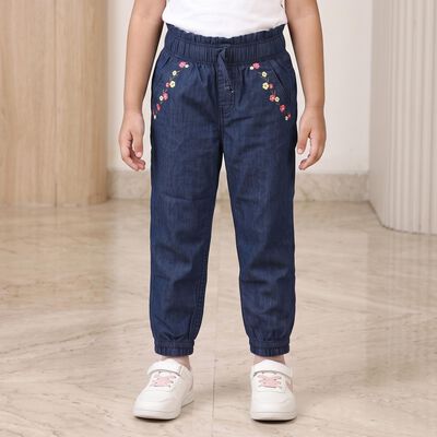Girls Navy Blue Jogger Fit Embroidered Jeans