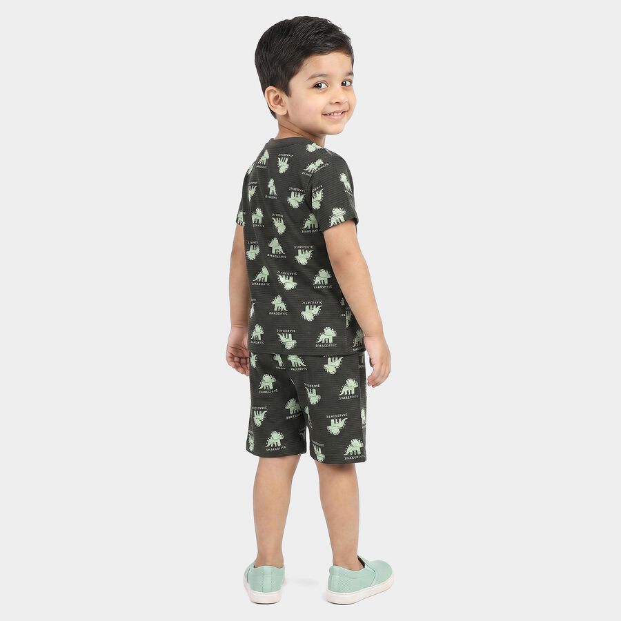 Boys' Charcoal 100% Cotton Round Neck Dinosaur Printed Baba Suit, Charcoal, large