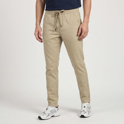 Men's Beige Slim Fit Drawstring Casual Trousers