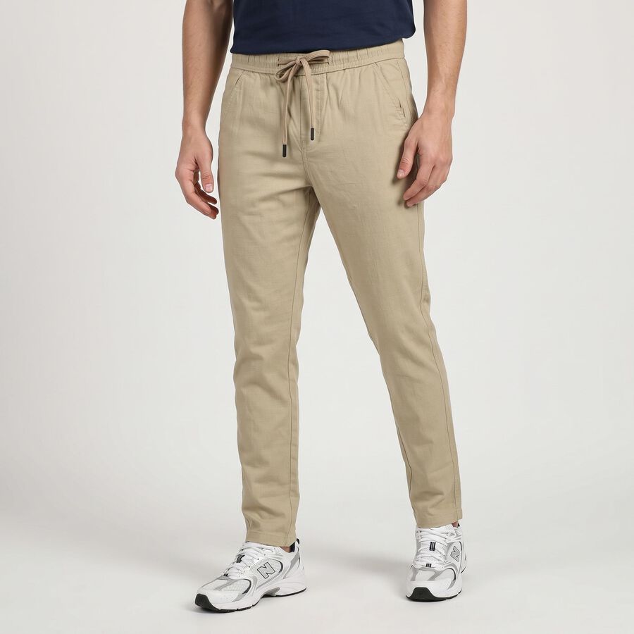 Men's Beige Slim Fit Drawstring Casual Trousers, Beige, large