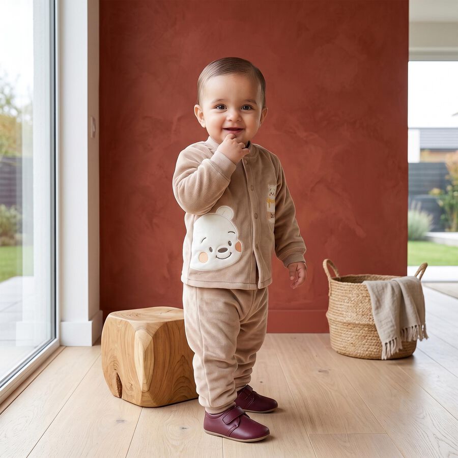 Infants' Beige Round Neck Appliqu&eacute; Baba Suit, Beige, large