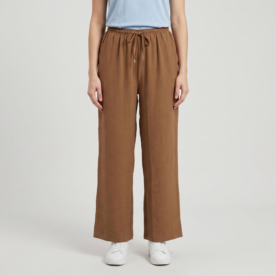 Women's Brown Wide Leg Drawstring Track Pants, Brown, large