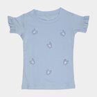 Girls Blue Cotton Round Neck Ruffle Sleeve Butterfly T-Shirt, Light Blue, small