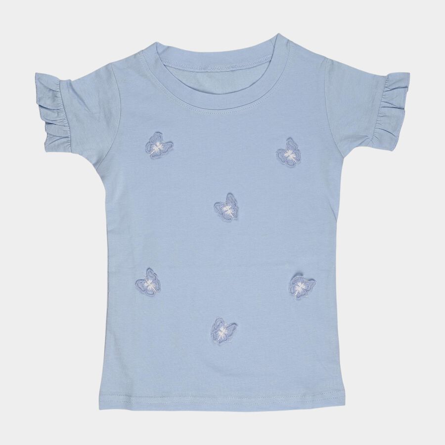 Girls Blue Cotton Round Neck Ruffle Sleeve Butterfly T-Shirt, Light Blue, large