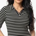Women's Black Polo Neck Striped Polo T-Shirt, Black, small