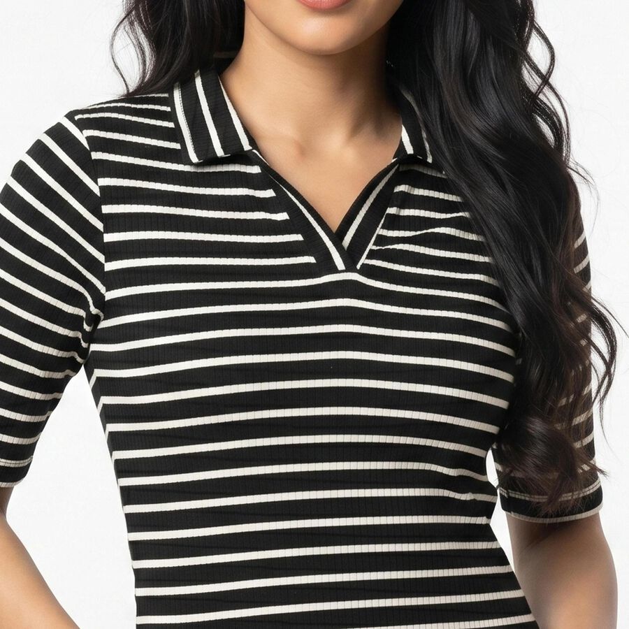 Women's Black Polo Neck Striped Polo T-Shirt, Black, large