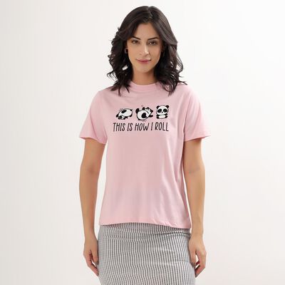 Ladies' Light Pink Round Neck Panda Print T-Shirt