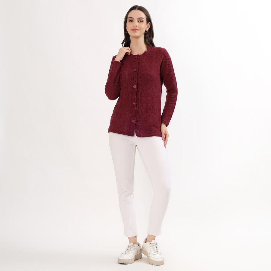 Women's Rich Burgundy Round Neck Casual Cardigan, वाइन, large image number null