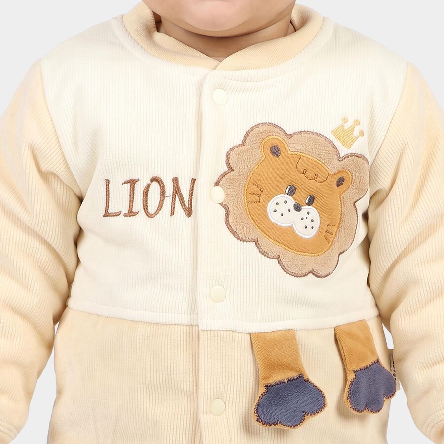 Infants' Beige Round Neck Lion Applique Baba Suit, गहरा पीला, large
