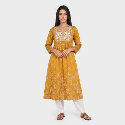 Women's Mustard Round Neck Embroidered Kurta