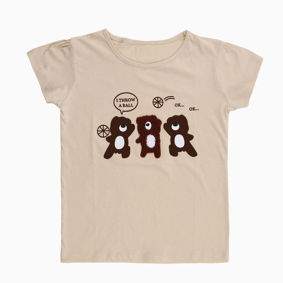 Girls Light Beige Cotton Round Neck Cartoon Printed T-Shirt, Beige, large