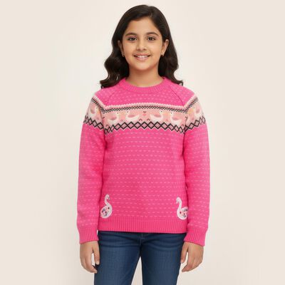 Girls' Bright Pink Crew Neck Casual Pullover