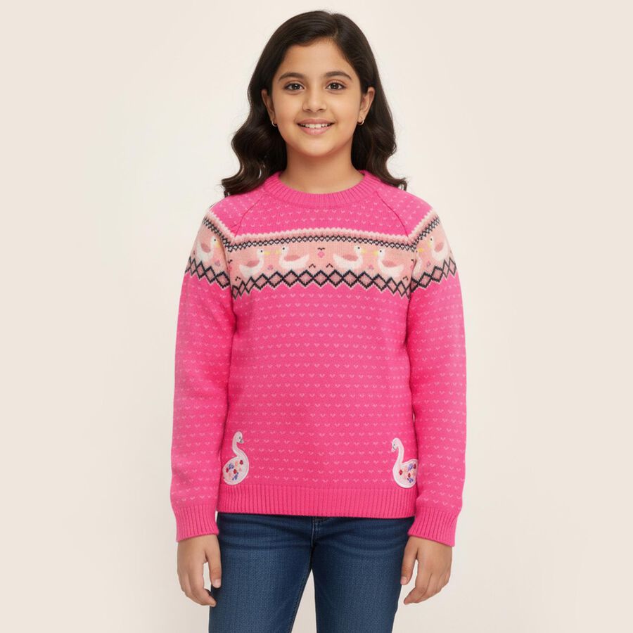 Girls' Bright Pink Crew Neck Casual Pullover, Pink, large image number null
