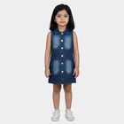 Girls' Blue Sleeveless Shirt Style Button Front Frock, मध्यम नीला, small