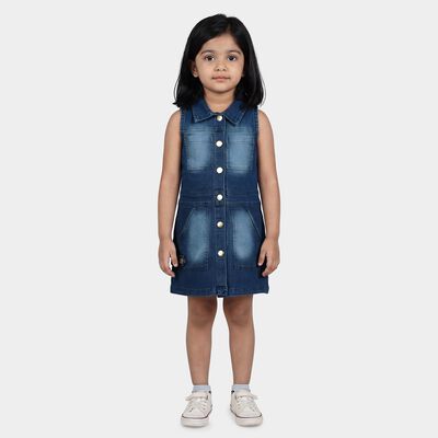 Girls' Blue Sleeveless Shirt Style Button Front Frock