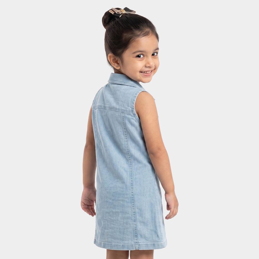 Girls' Light Blue Shift Zip Front Denim Look Frock, हल्का नीला, large