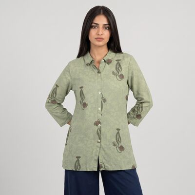 Women's Sage Green Shirt Collar Floral Printed Kurti