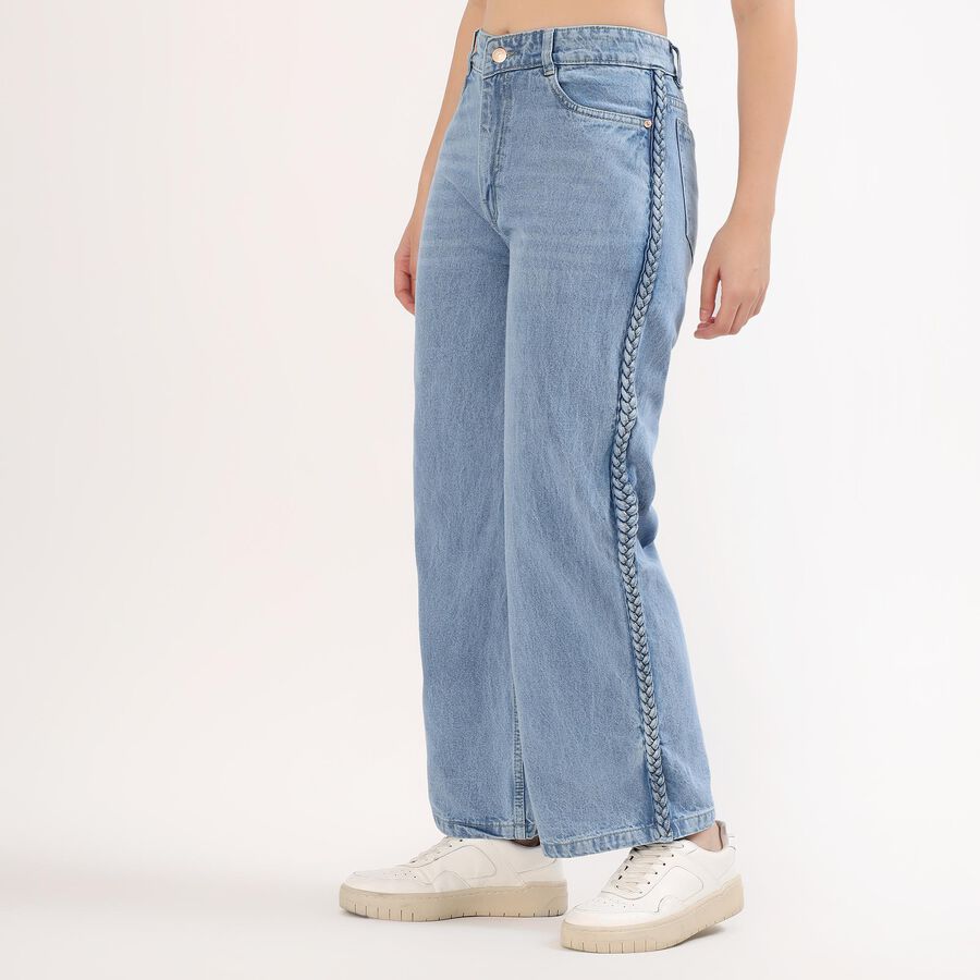 Women's Light Blue Wide Leg Braided Side Jeans, मध्यम नीला, large image number null