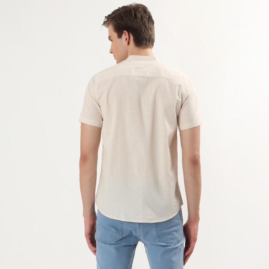 Men's Beige Cotton Half Sleeve Mandarin Collar Casual Shirt, Beige, large