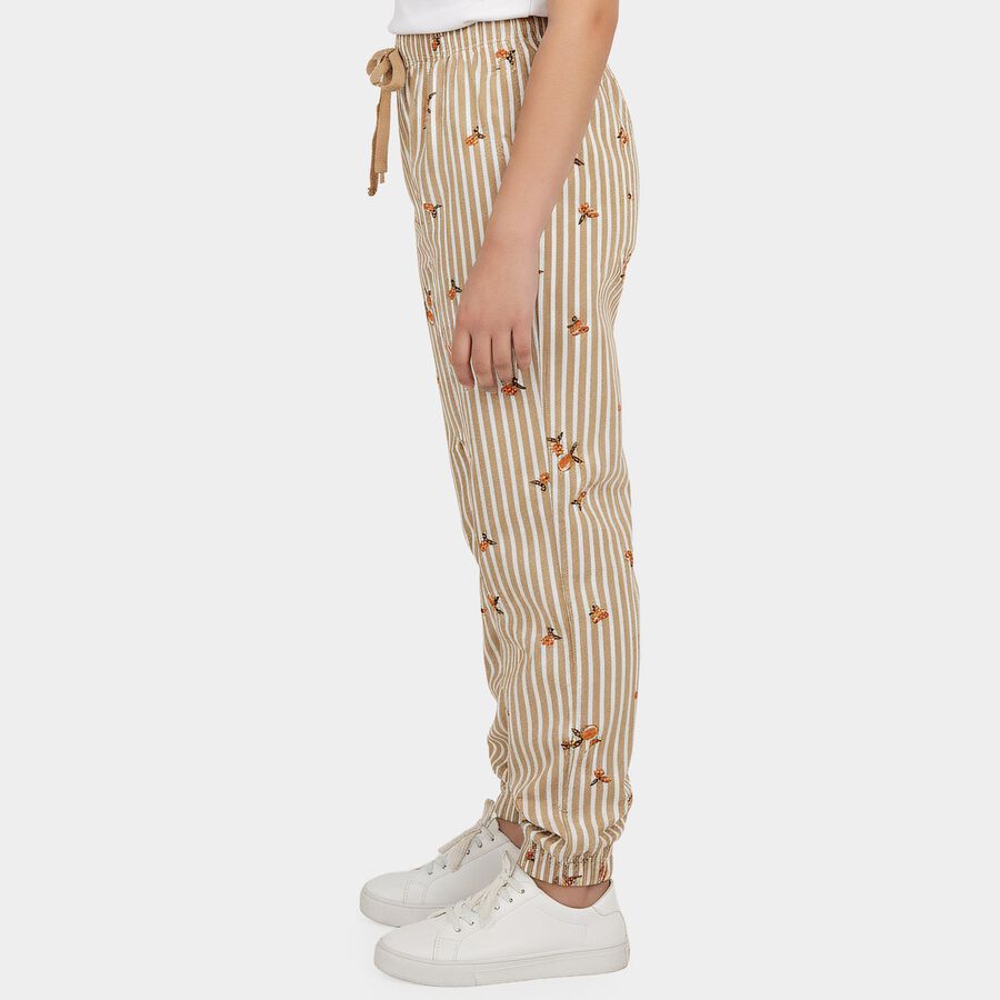 Girls' Beige Jogger Fit Striped Printed Cotton Blend Pyjama, गहरा पीला, large