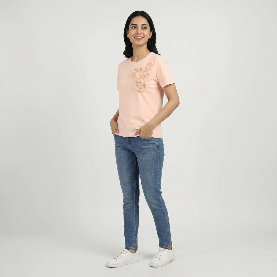 Women's Light Pink Round Neck Casual T-Shirt, Light Pink, large