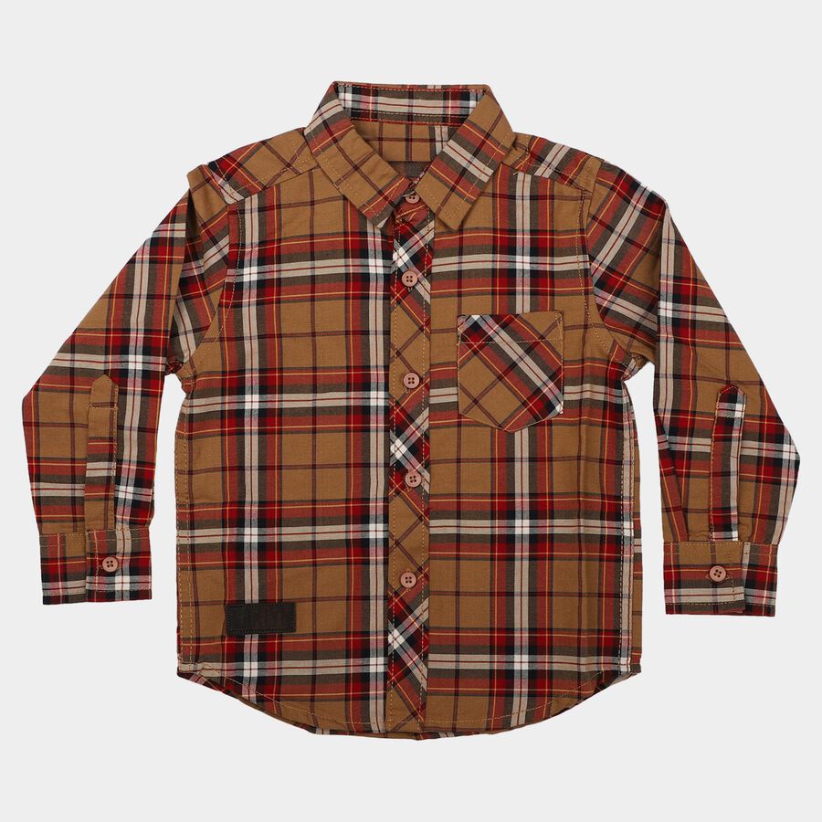Boys Brown Cotton Long Sleeve Collar Regular Fit Shirt, भूरा, large