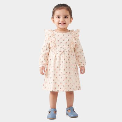 Infants' Beige Fit and Flare Floral Printed Frock