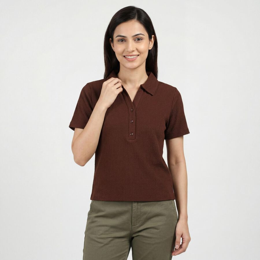Women's Brown Polo Neck Preppy Polo T-Shirt, Brown, large