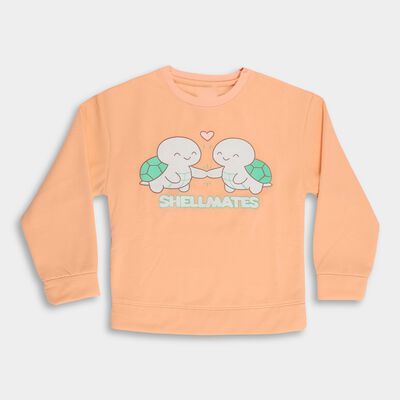 Girls Soft Peach Crew Neck Graphic Sweatshirt