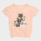 Girls' Peach Cotton Round Neck Casual T-Shirt, पीच, small