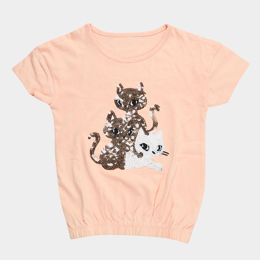 Girls' Peach Cotton Round Neck Casual T-Shirt, पीच, large