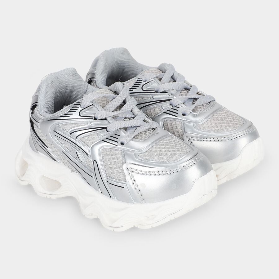 Boys Silver Lace-Up Sneakers, Silver, large