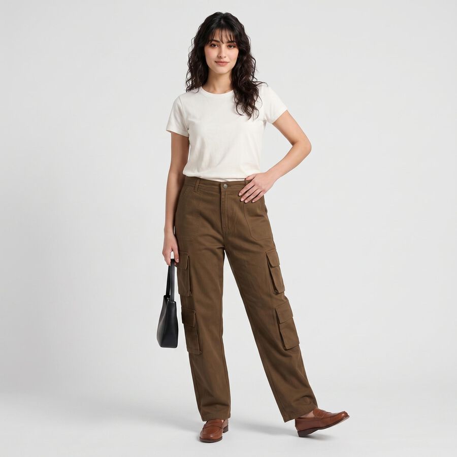 Women's Olive Green Straight Fit Cargo Trousers, Olive, large