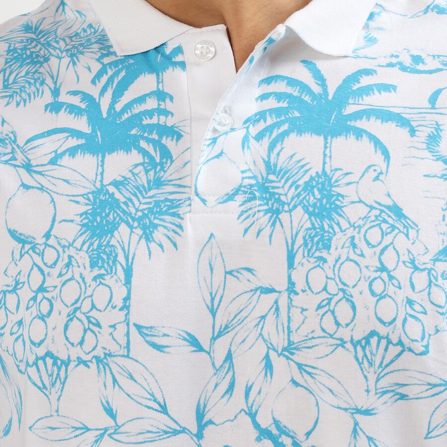 Men's White Cotton Polo Neck Tropical Printed T-Shirt, हल्का नीला, large image number null