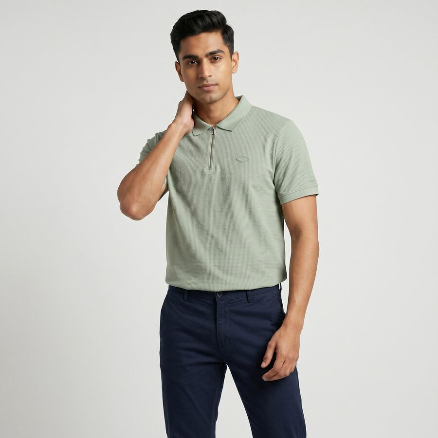 Men's Sage Green Polo Neck Solid Polo T-Shirt, हल्का हरा, large