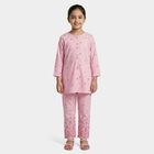 Girls Pink Floral Printed Kurta and Pant Fusion Set, हल्का गुलाबी, small