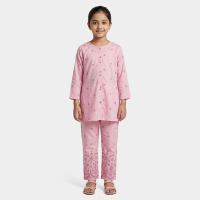 Girls Pink Floral Printed Kurta and Pant Fusion Set