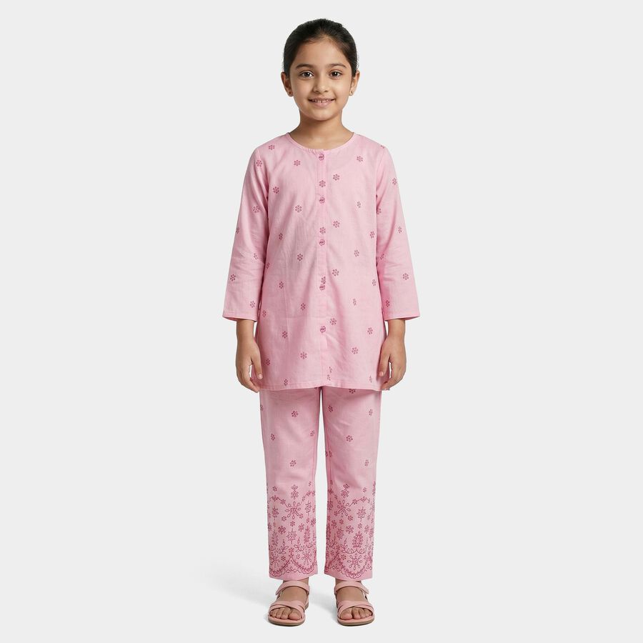 Girls Pink Floral Printed Kurta and Pant Fusion Set, हल्का गुलाबी, large