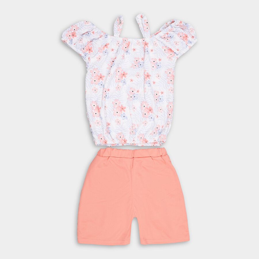 Girls' White Floral Off-Shoulder Top and Peach Shorts Set, नारंगी, large image number null