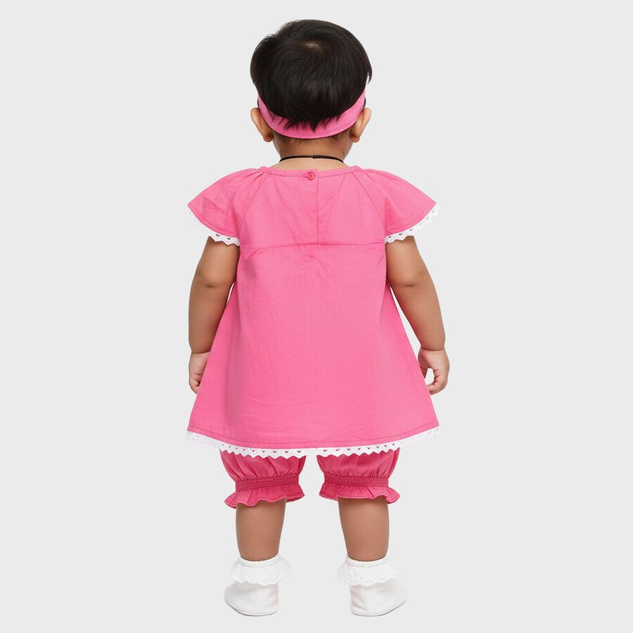 Infants' Bright Pink Cotton Smocked Embroidered Frock with Bloomers, हल्का गुलाबी, large