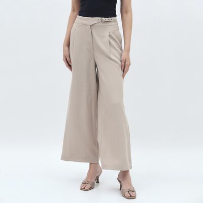 Women's Soft Beige Wide-Leg Pleated High-Waist Trousers