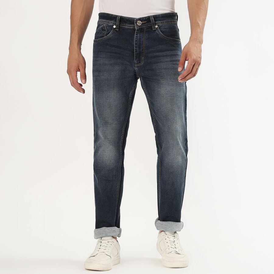 Men's Stonewashed Slim Fit Five-Pocket Jeans, Dark Blue, large image number null