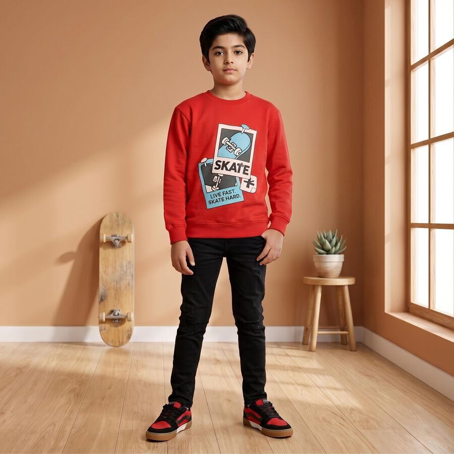Boys' Red Crew Neck Graphic Print Sweatshirt, Red, large
