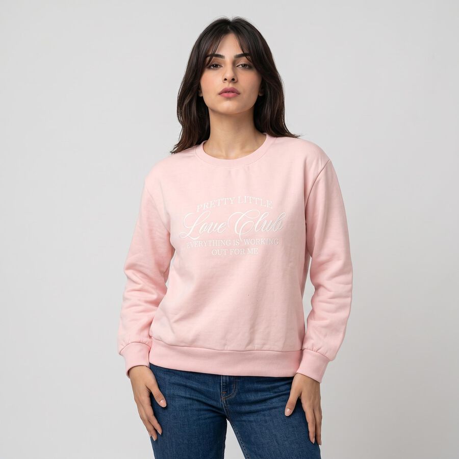 Women Pink Crew Neck Pullover Sweatshirt, हल्का गुलाबी, large