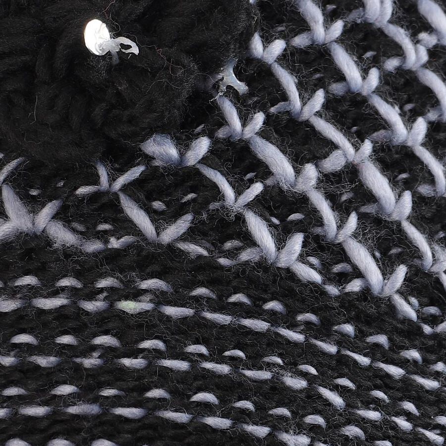 Women's Black and Grey Knitted Beanie Cap, Black, large image number null