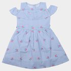 Girls' Light Blue Fit and Flare Striped Floral Print Frock, Light Blue, small