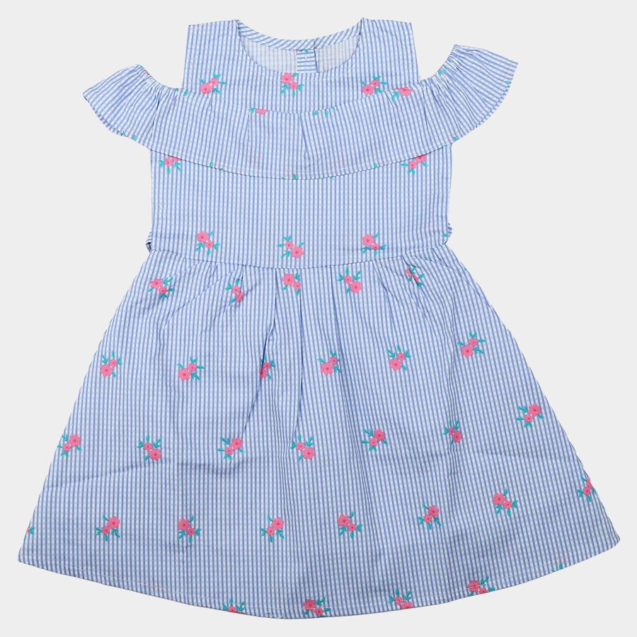 Girls' Light Blue Fit and Flare Striped Floral Print Frock, Light Blue, large