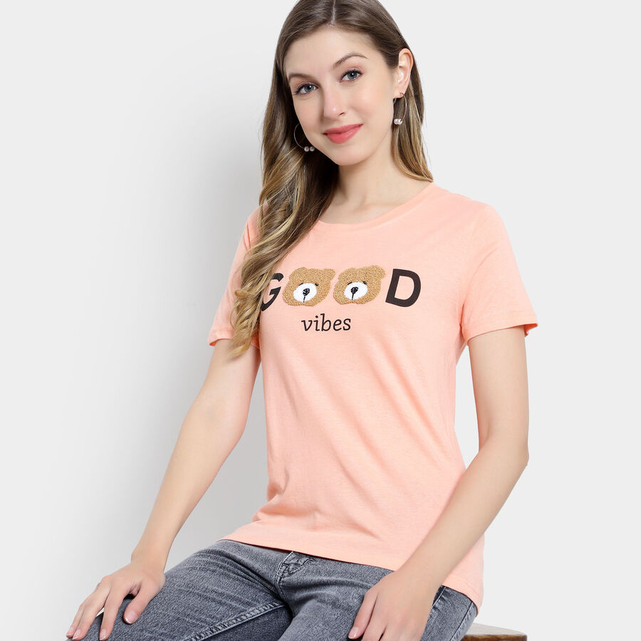 Embellished Round Neck T-Shirt, Peach, large image number null