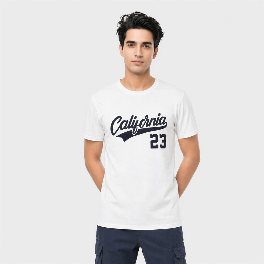 Men's White Round Neck Graphic Print Regular T-Shirt, White, large